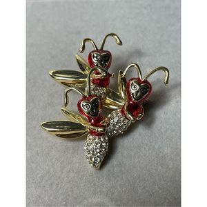 NSDAR 3 Red & Rhinestone Dancing Bees Gold Tone Brooch / Pin